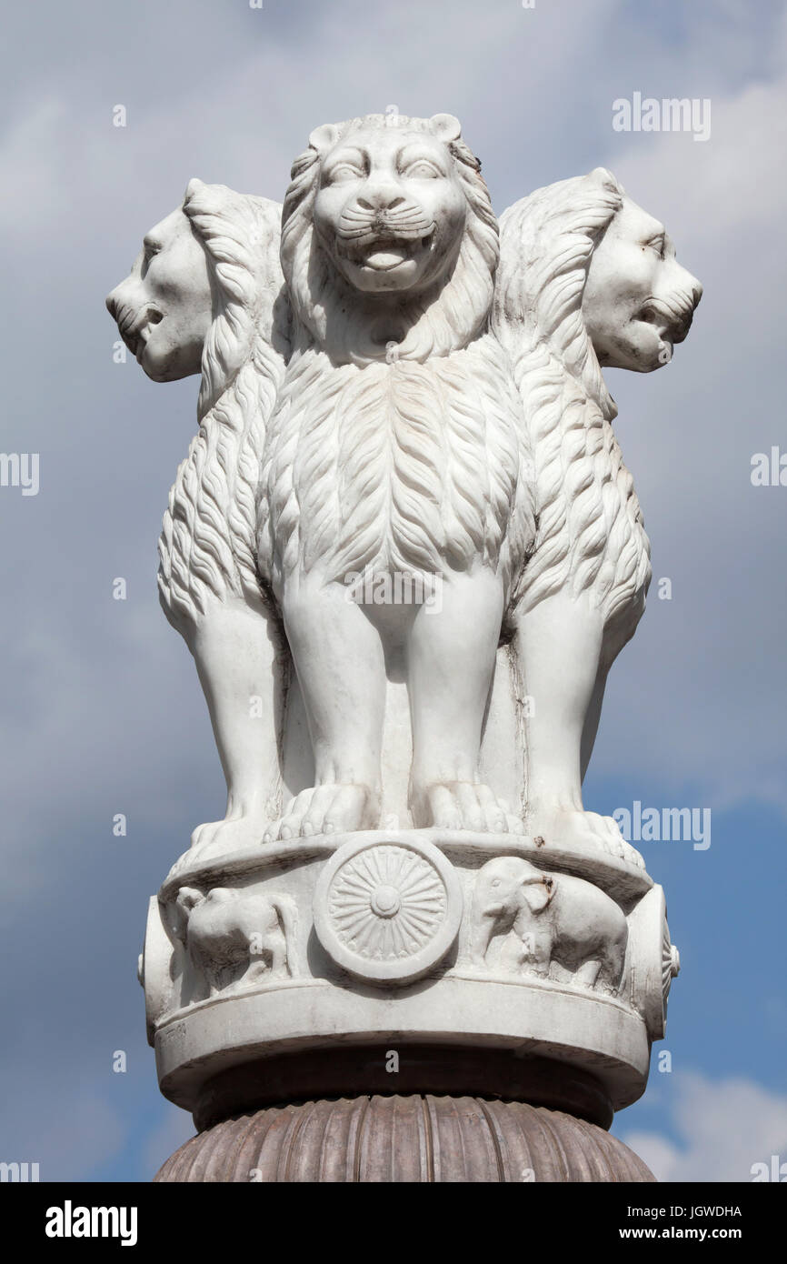 Copy of the Lion Capital of the Pillar of Ashoka from Sarnath erected in front of the India House at Budapest Zoo in Budapest, Hungary. Stock Photo