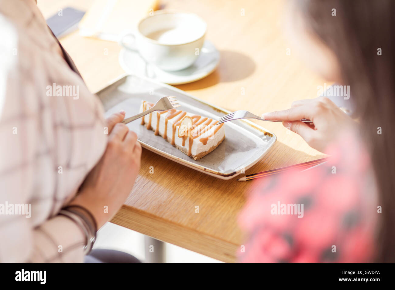 Young Girls Eating Sweet Dessert With Forks At Cafe Coffee Break Stock young-girls-eating-sweet-dessert-with-forks-at-cafe-coffee-break-stock
