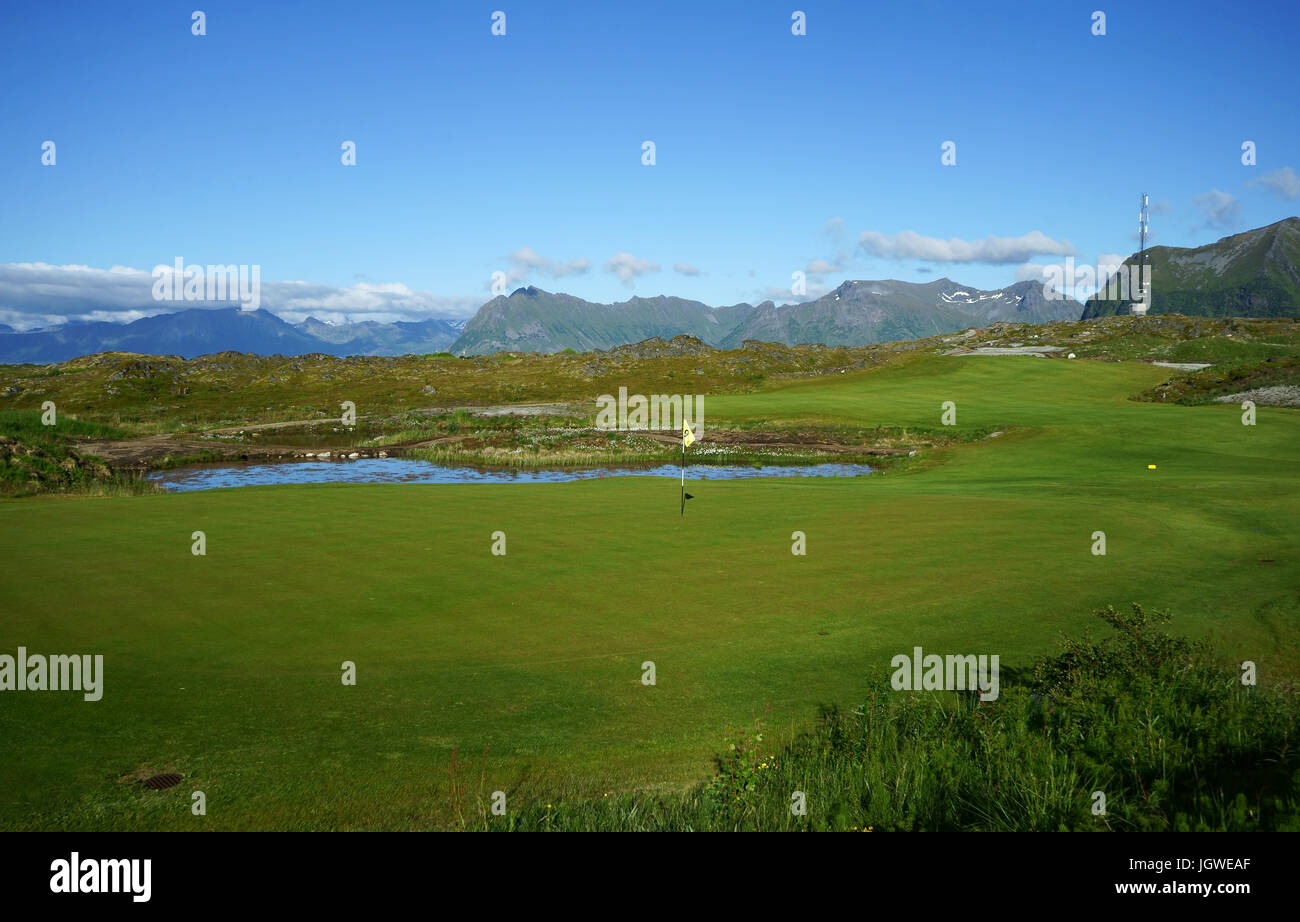 Golf course Lofoten Links on island Gimsoya between Hov and Saupstad, Lofoten, Norway Stock Photo