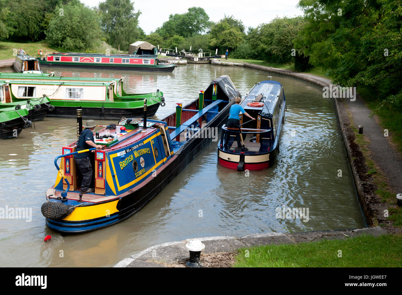 Narrowboats at Calcutt Locks, Grand Union Canal, Warwickshire, England, UK Stock Photo