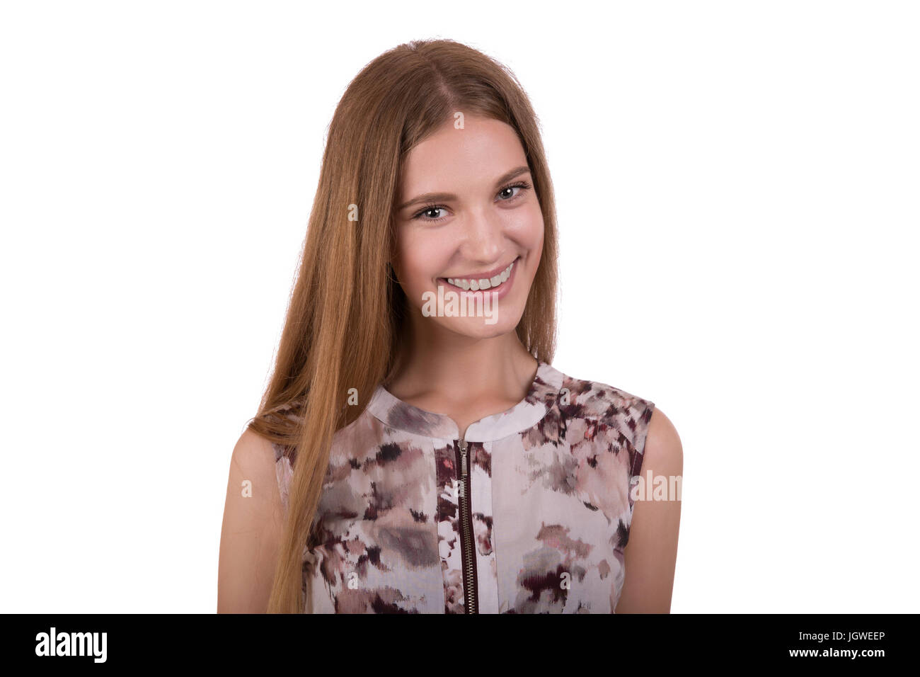 Portrait of happy young business woman isolated on white background ...