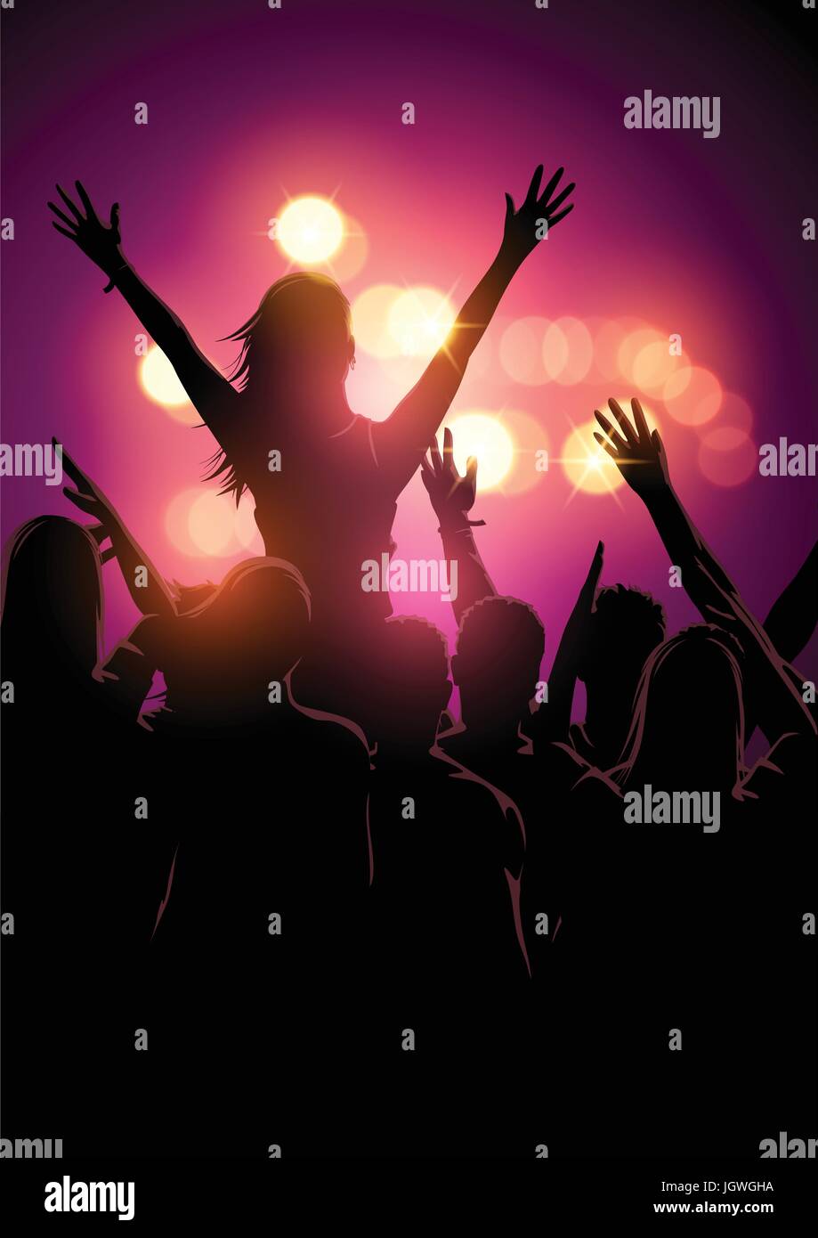 A group of young people in a crowd at a music festival concert. Vector illustration Stock Vector