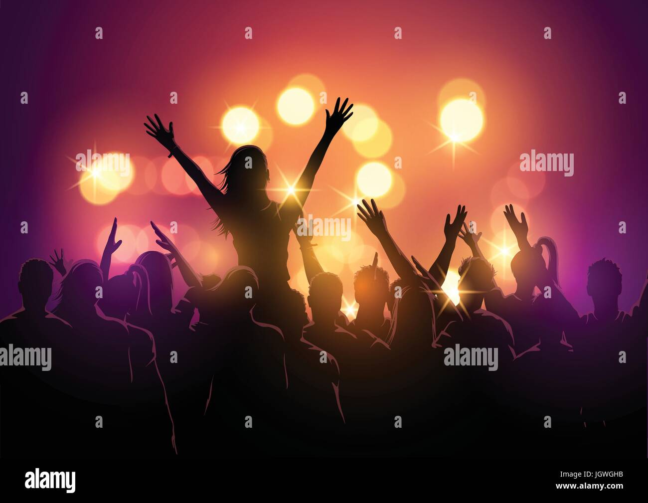 A group of young people in a crowd at a music festival concert. Vector illustration Stock Vector