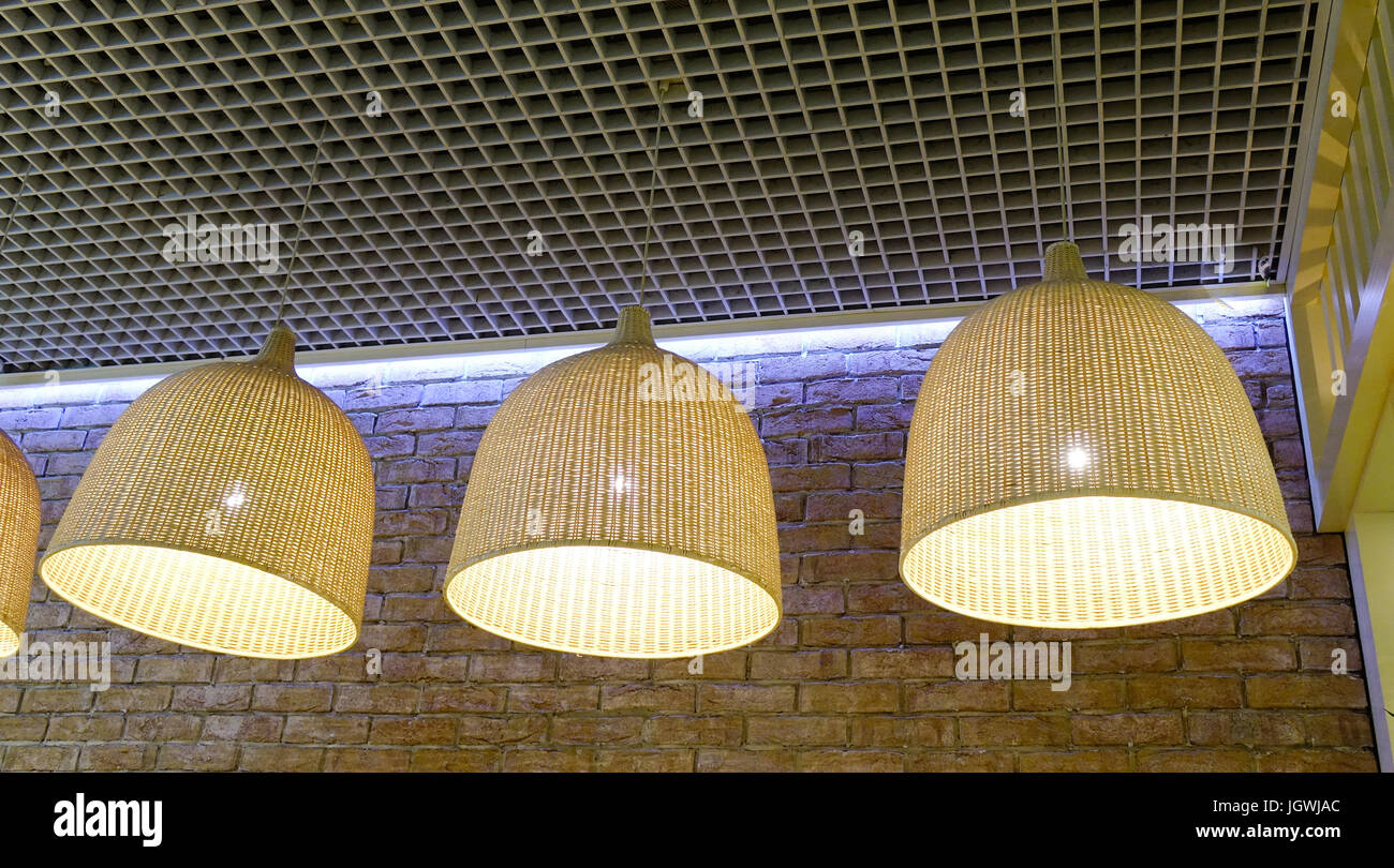 Hanging lights for decoration in the coffee shop. Close up. Stock Photo