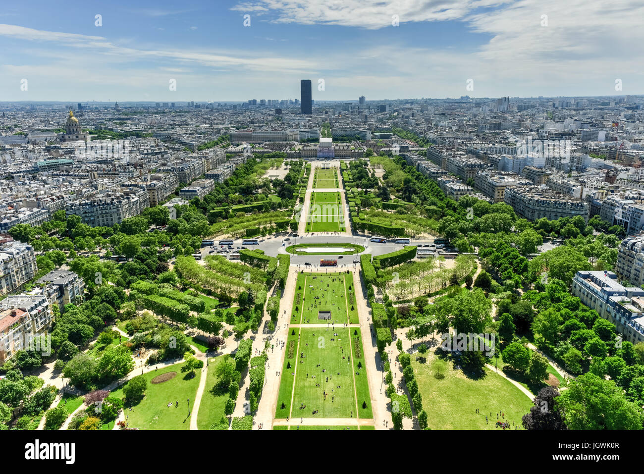 Aerial panoramic view of Paris and Champ de Mars from Eiffel Tower in Paris, France Stock Photo
