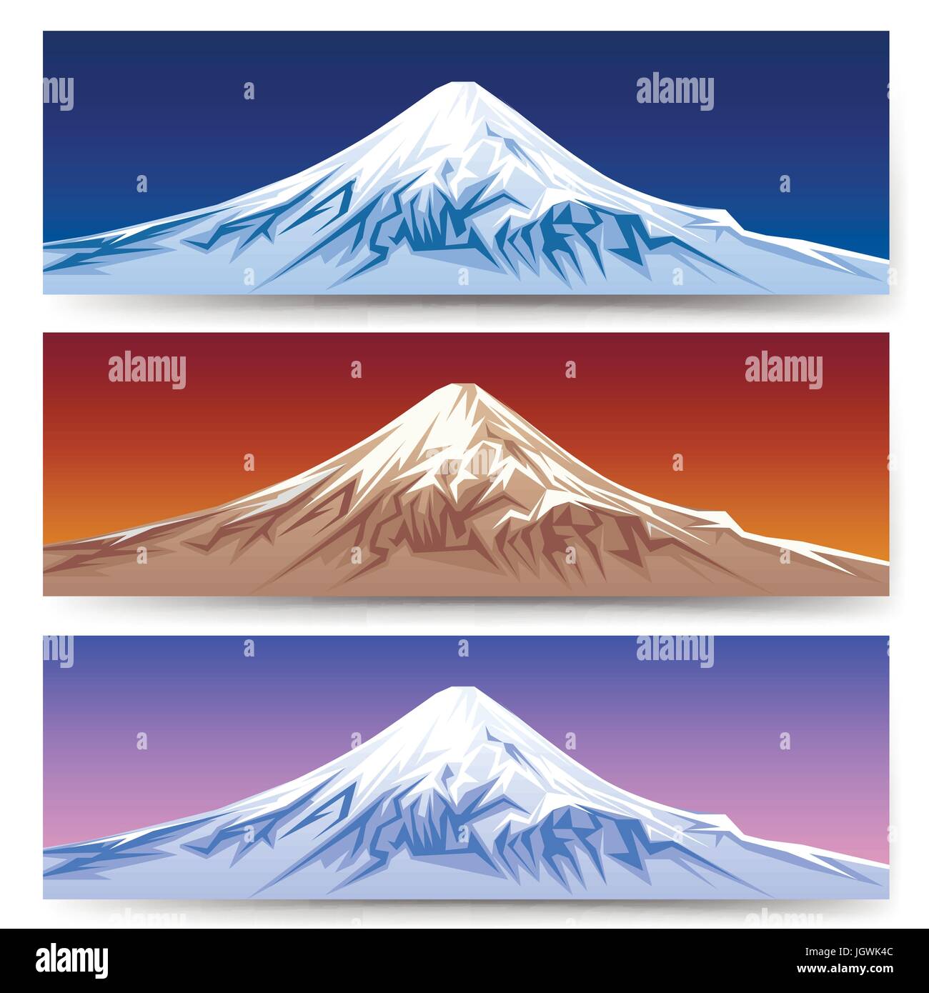 Snow capped mount fuji banners. Japan mountain panoramic landscape set for tourism designs vector illustration Stock Vector
