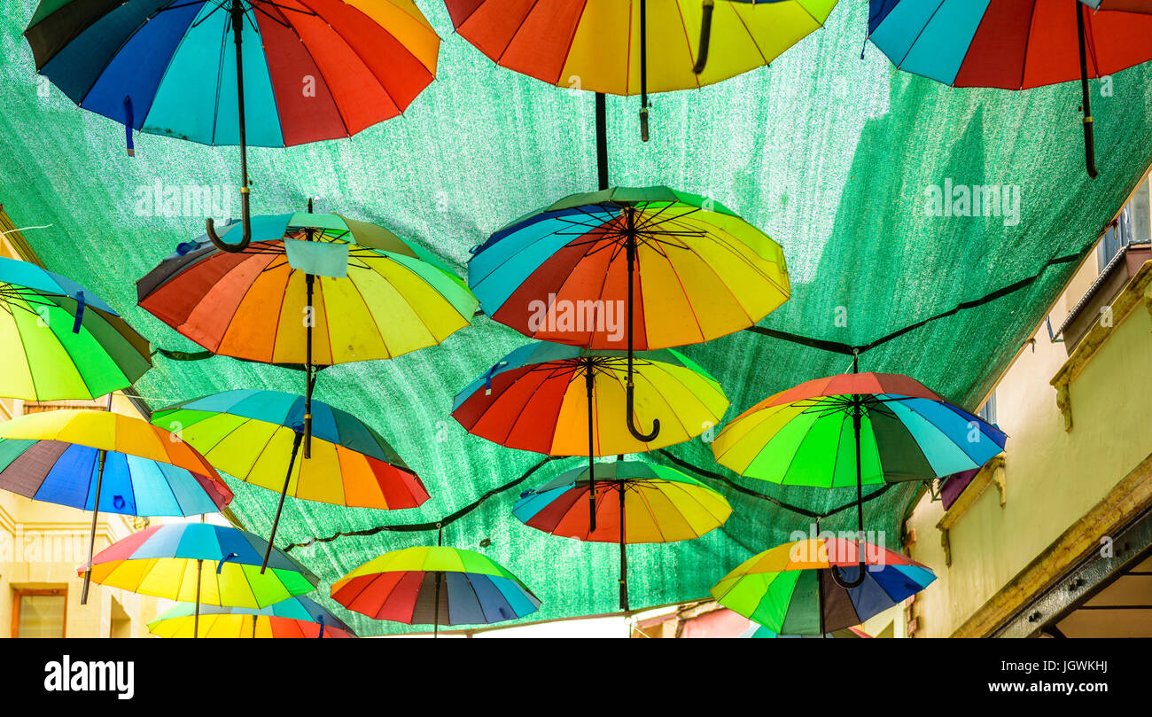 Colorful hanging umbrellas above the street Stock Photo Alamy
