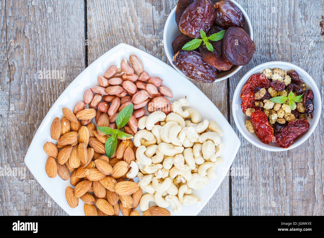 Different types of nuts and dried fruits. Healthy dietary snack, dried