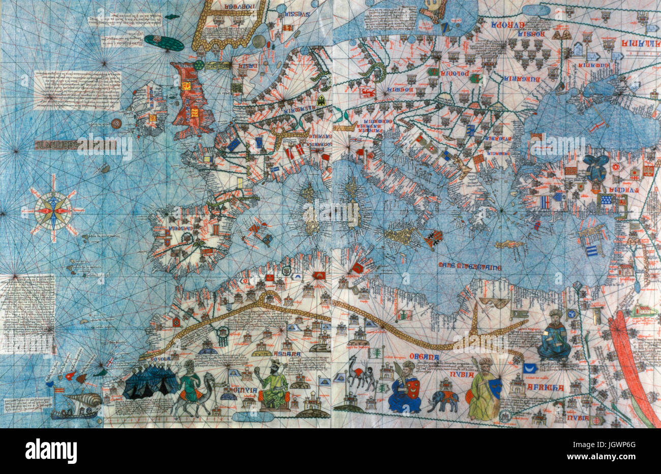 The Catalan Atlas, 1375. Attributed to the Majorcan Jewish cartographers Abraham and Jehuda Cresques, was service of King of Aragon. National Library of France, Paris. Stock Photo