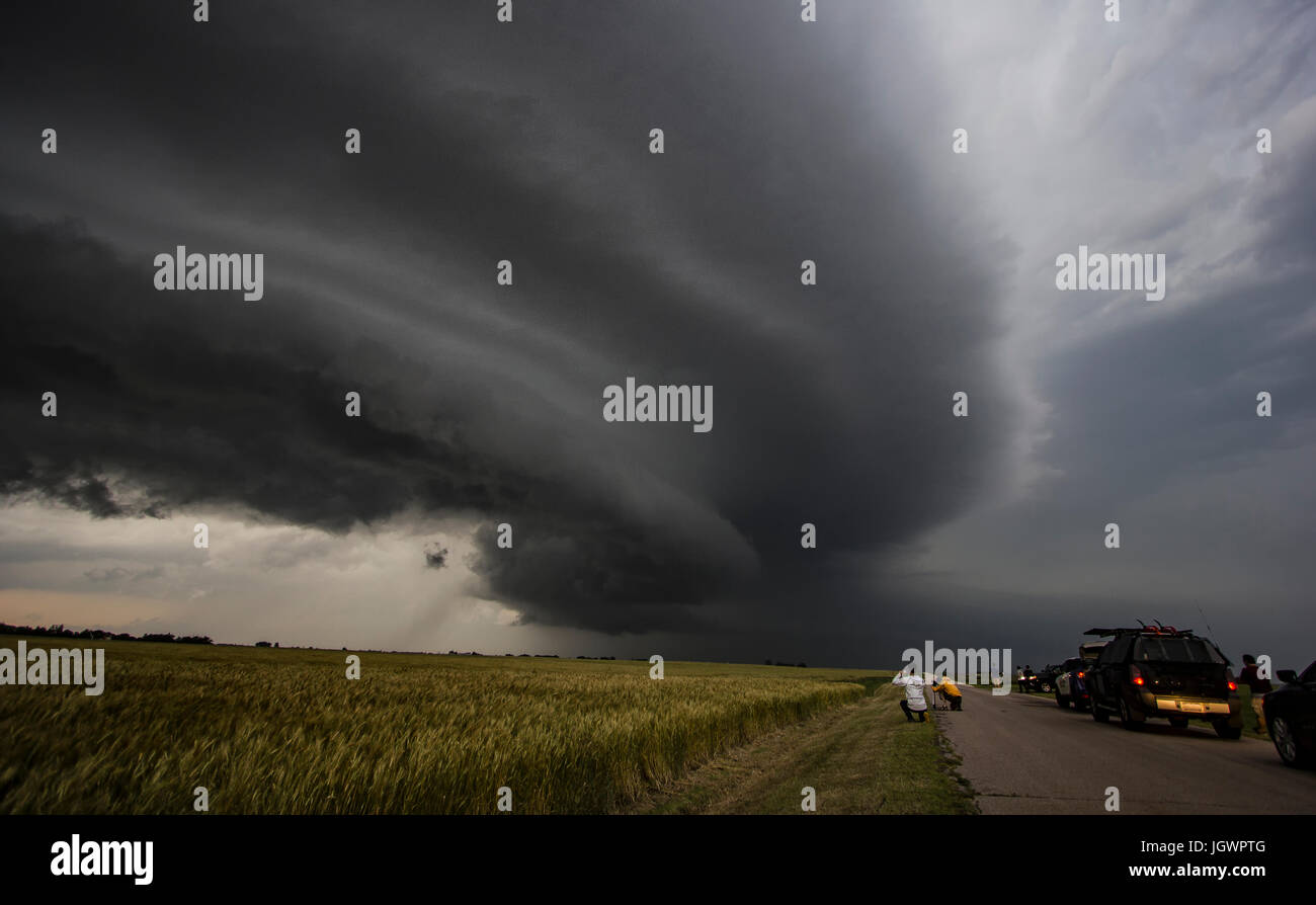 Storm chasers watching arcus cloud and shelf cloud over rural area, Enid, Oklahoma, United States, North America Stock Photo