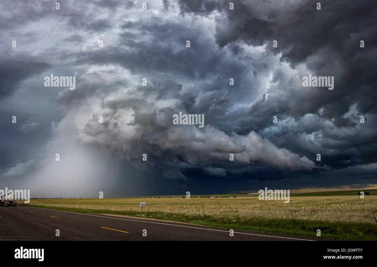 Tornadic thunderstorm over rural area, Cope, Colorado, United States, North America Stock Photo