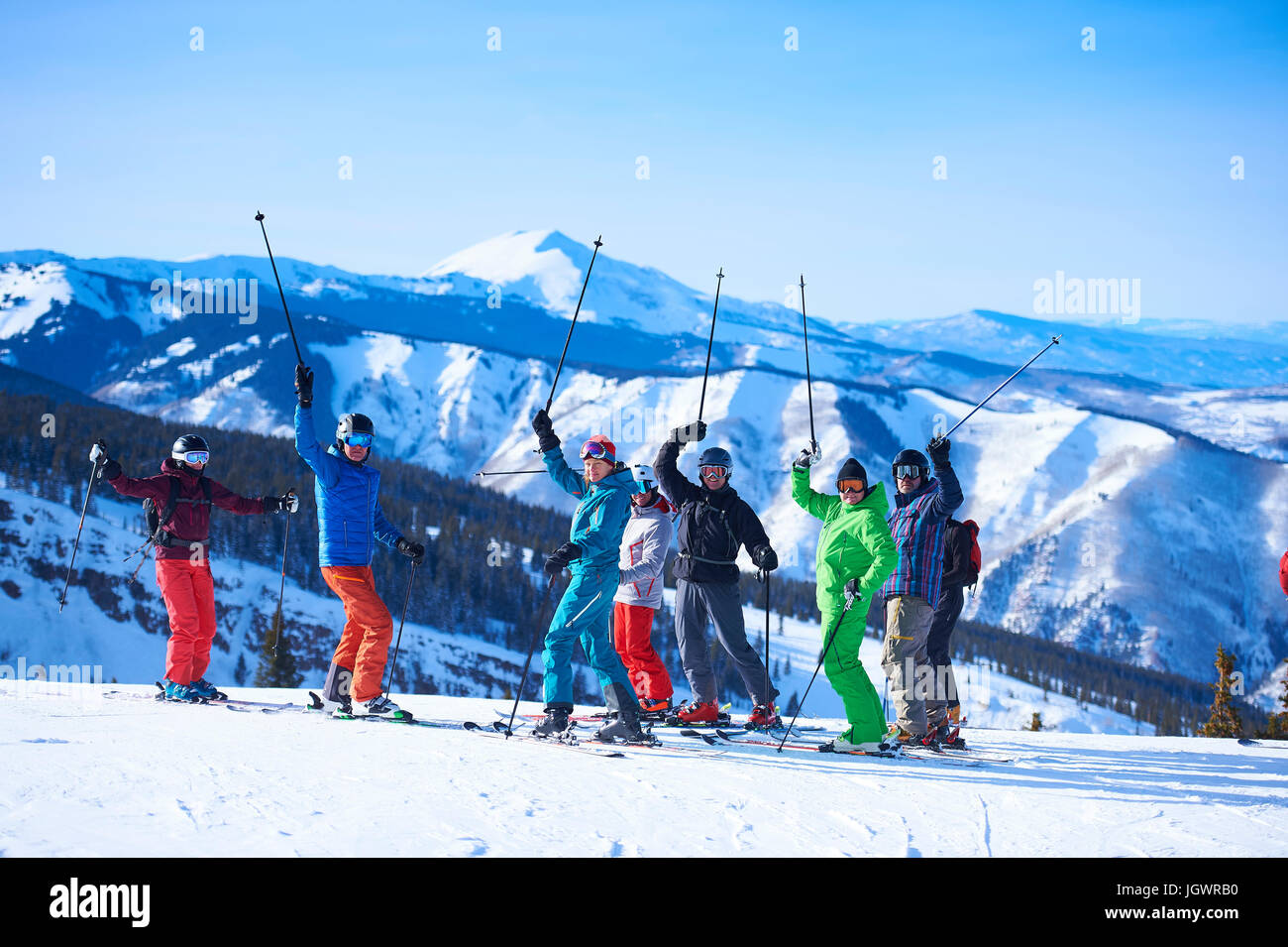 Group portrait of male and female skiers on ski slope, Aspen, Colorado, USA Stock Photo