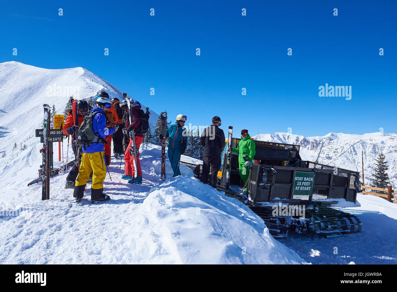 Group of skiers preparing on snow covered mountain, Aspen, Colorado, USA Stock Photo