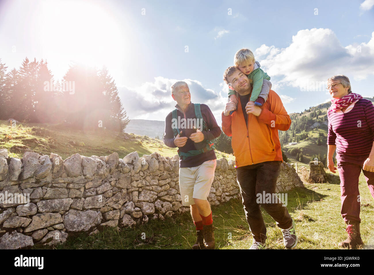 Three generation family, hiking, in rural setting, Geneva, Switzerland, Europe Stock Photo