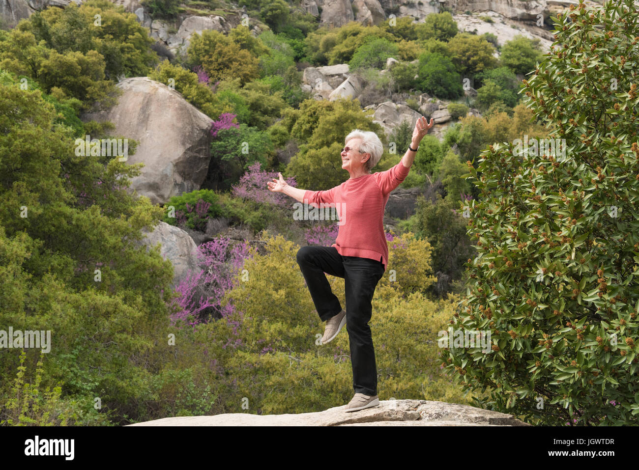 Senior woman doing yoga, Sequoia National Park, California, US Stock Photo