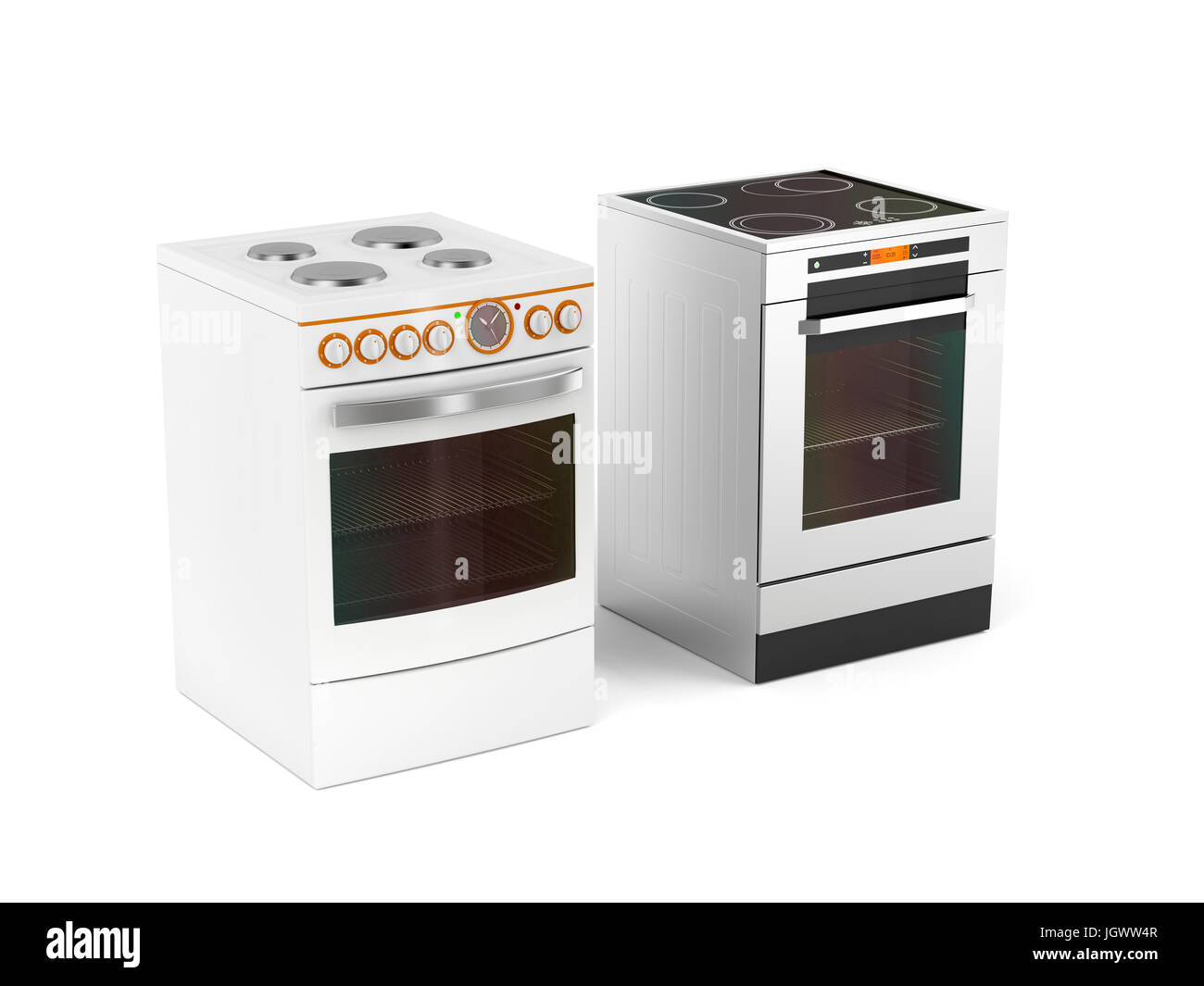Two different types of electric stoves on white background Stock Photo