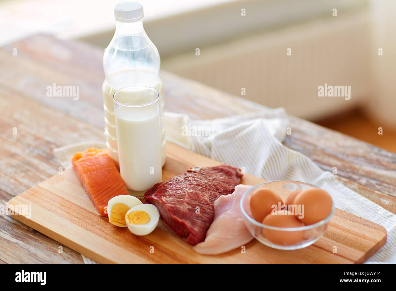 natural protein food on wooden table Stock Photo Alamy