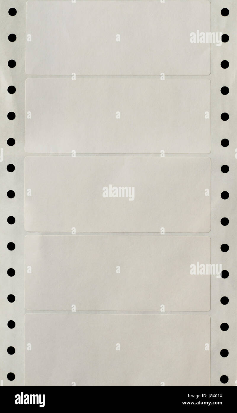 A continuous vertical strip of blank white computer printer address labels with punched holes for sprocket feed mechanism on either side . Stock Photo