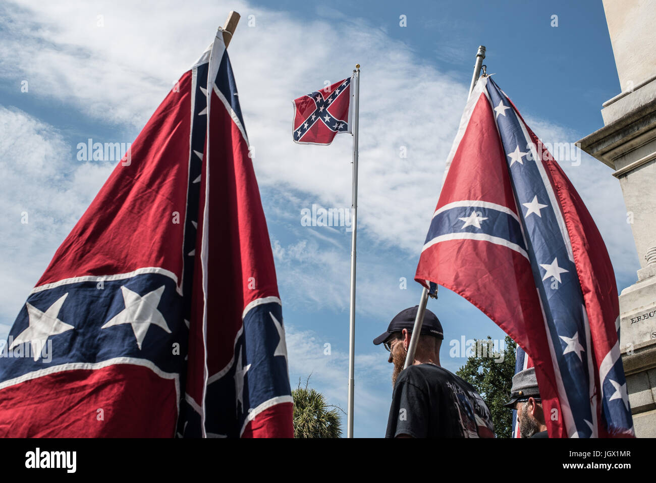 Colombia, South Carolina, USA. 10th Jul, 2017. A few dozen of Confederacy supporters displayed their loyalty to the Confederate flag during the Confederate flag raising event held by the South Carolina Secessionist Party in protest of the two year anniversary of the Confederate Battle Flag's removal from the South Carolina State House Grounds in 2015. The flag which was hoisted on a portable flag pole at 10 a.m. was to be removed from the South Carolina State House Grounds at 5 p.m. Credit: Crush Rush/Alamy Live News Stock Photo
