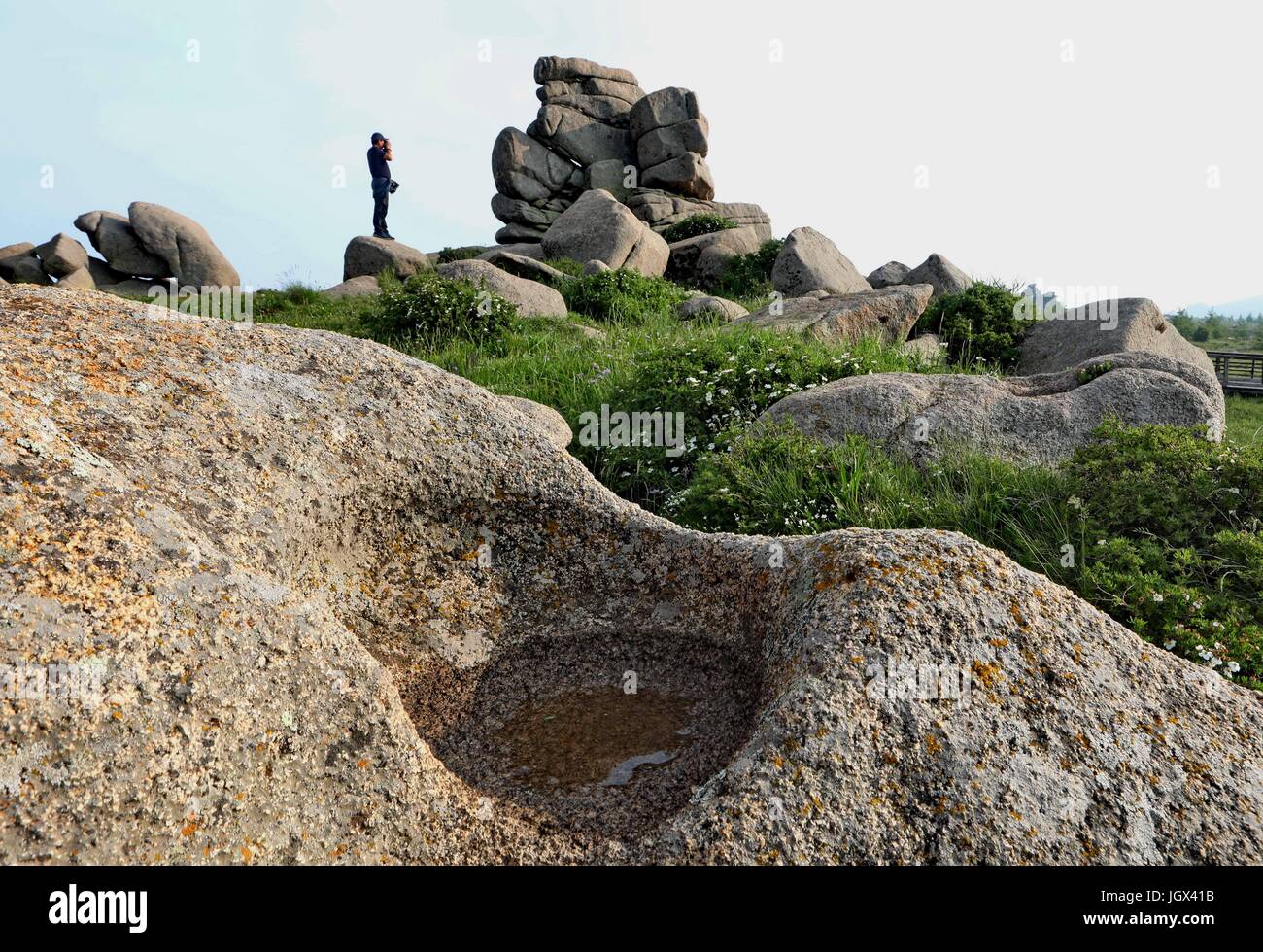 Shijiazhuang, China's Hebei Province. 10th July, 2017. A tourist takes photos at the stone field on the top of Bingshanliang Mountain in Chicheng County, north China's Hebei Province, July 10, 2017. On the top of Bingshanliang Mountain at an altitude of more than 2,000 meters, there are an array of peaks and rocks of all forms as the rare Mesozoic glacial remnants. The mountain mainly consists of granite, limestone and basalt. Credit: Yang Shiyao/Xinhua/Alamy Live News Stock Photo