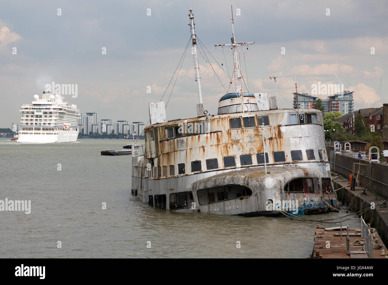 Woolwich, London, United Kingdom. 10th July, 2017. Former Mersey ferry MV Royal Iris pictured listing and in a state of disrepair on the River Thames at Woolwich on 10th July. The vessel was a venue for music acts including the Beatles in the 1960s and has been the subject of campaigns of return her to Liverpool. Rob Powell/Alamy Live News Stock Photo