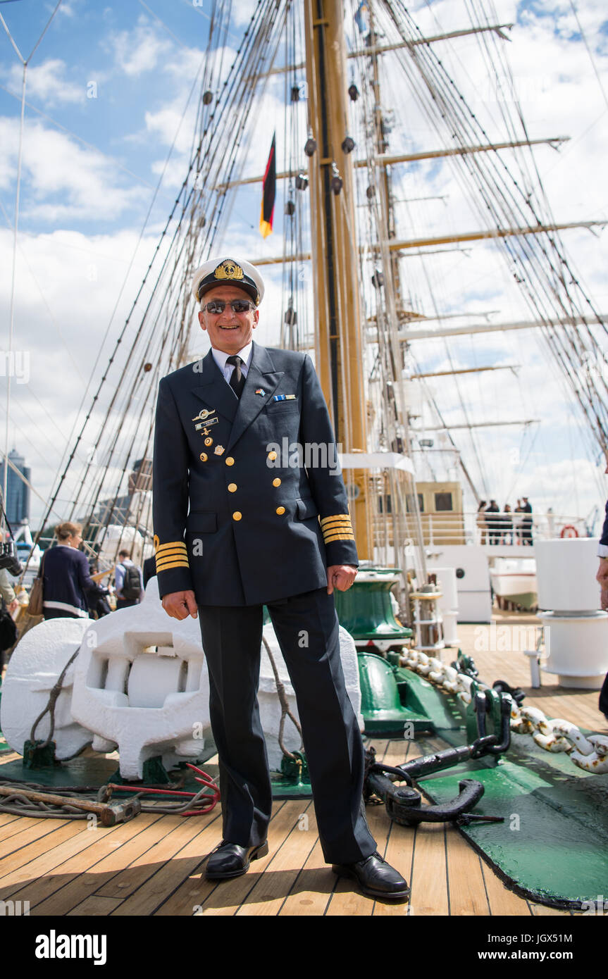 Hamburg, Germany. 5th July, 2017. Fernando Emir Maglione, the commander of the sail training ship Libertad, on deck after the ship's arrival in Hamburg, Germany, 5 July 2017. Argentina will take over the presidency of the G20 group on the 1 December 2017. The current holder of the presidency is Germany, the host of this year's G20 summit (07.07.17-08.07.17) in Hamburg. Photo: Christophe Gateau/dpa/Alamy Live News Stock Photo