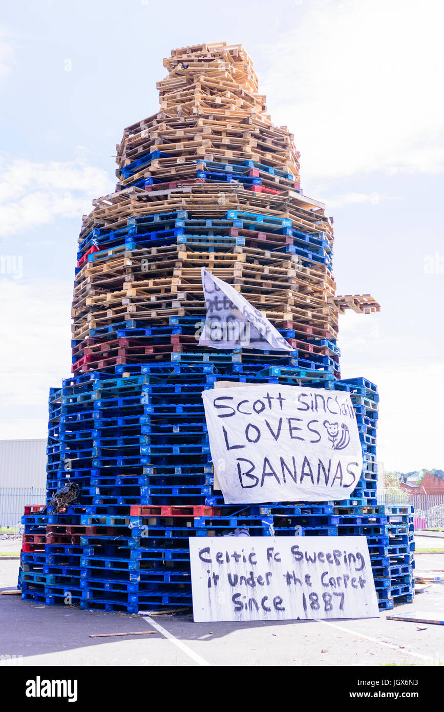 Belfast, Northern, Ireland. 11th July, 2017. Large bonfire built at