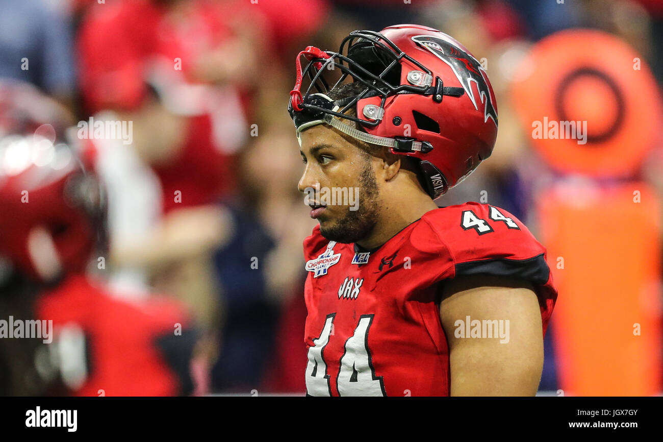 Jacksonville, FL, USA. 10th July, 2017. Sharks' defensive lineman Dale Pierson (44) during the