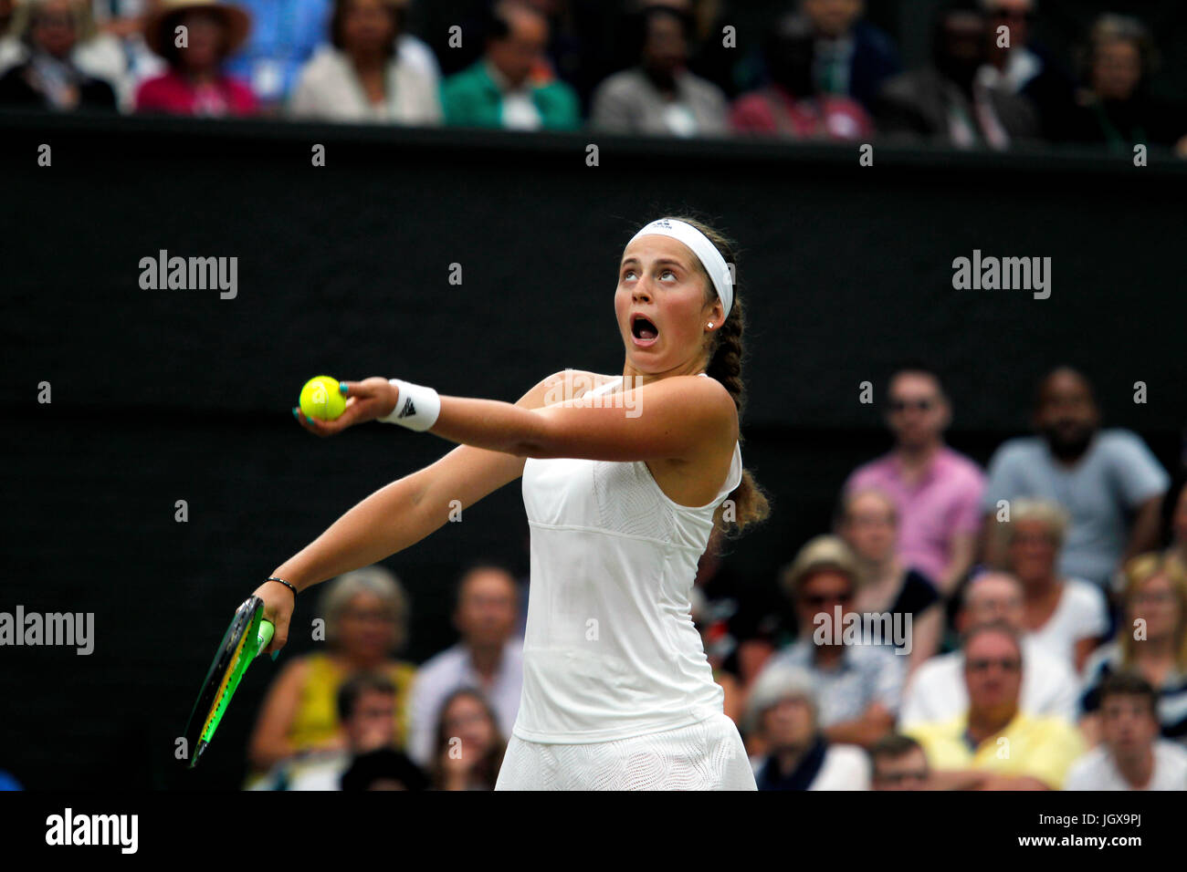 London, UK. 11th July, 2017. Wimbledon Tennis: London, 11 July, 2017 - Jelena Ostapenko of Latvia serving during her fourth round match against Venus Williams on Tuesday on Centre Court at Wimbledon. Williams won the match to advance to the semi finals Credit: Adam Stoltman/Alamy Live News Stock Photo