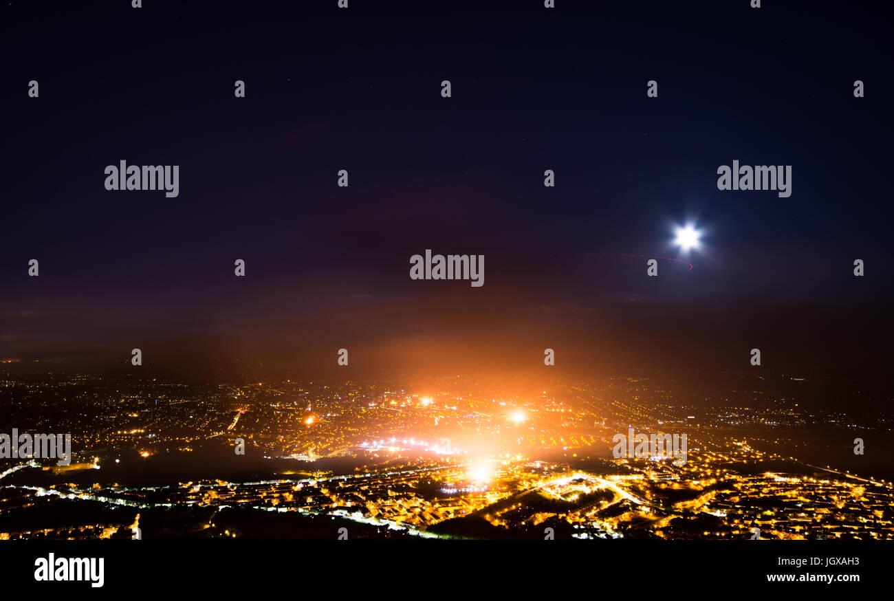 Belfast, Northern Ireland. 11th Jul, 2017. The scene overlooking Belfast City as loyalists light dozens of bonfires to mark the Battle of the Boyne in 1690. Credit: DMc Photography/Alamy Live News Stock Photo