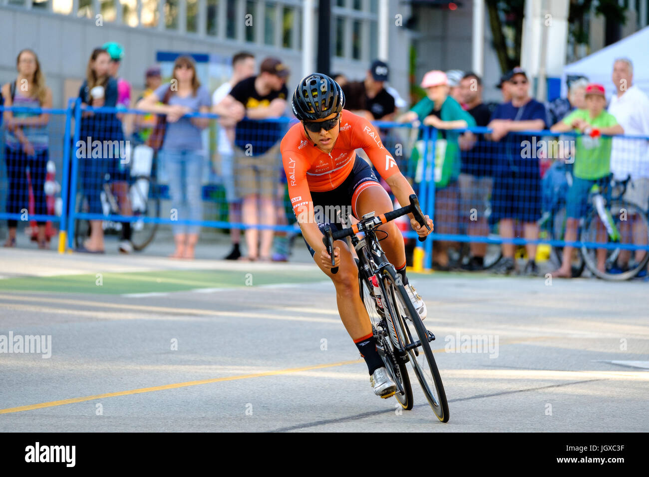 New Westminster, British Columbia, Canada. 11st July, 2017. Kristi Lay from Montreal, Canada wins the pro women's race at the New West Grand Prix. Joe Ng/Alamy Live News Stock Photo
