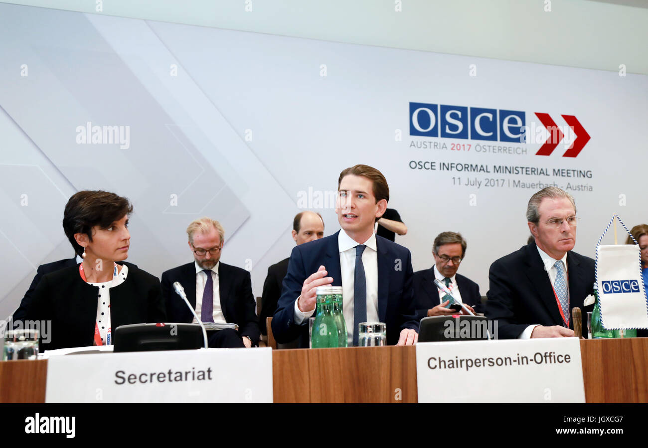 Vienna, Austria. 11th July, 2017. Austrian Foreign Minister Sebastian Kurz (C) speaks at the informal ministerial meeting of the Organization for Security and Cooperation in Europe (OSCE) in Vienna, Austria, July 11, 2017. Credit: Pan Xu/Xinhua/Alamy Live News Stock Photo