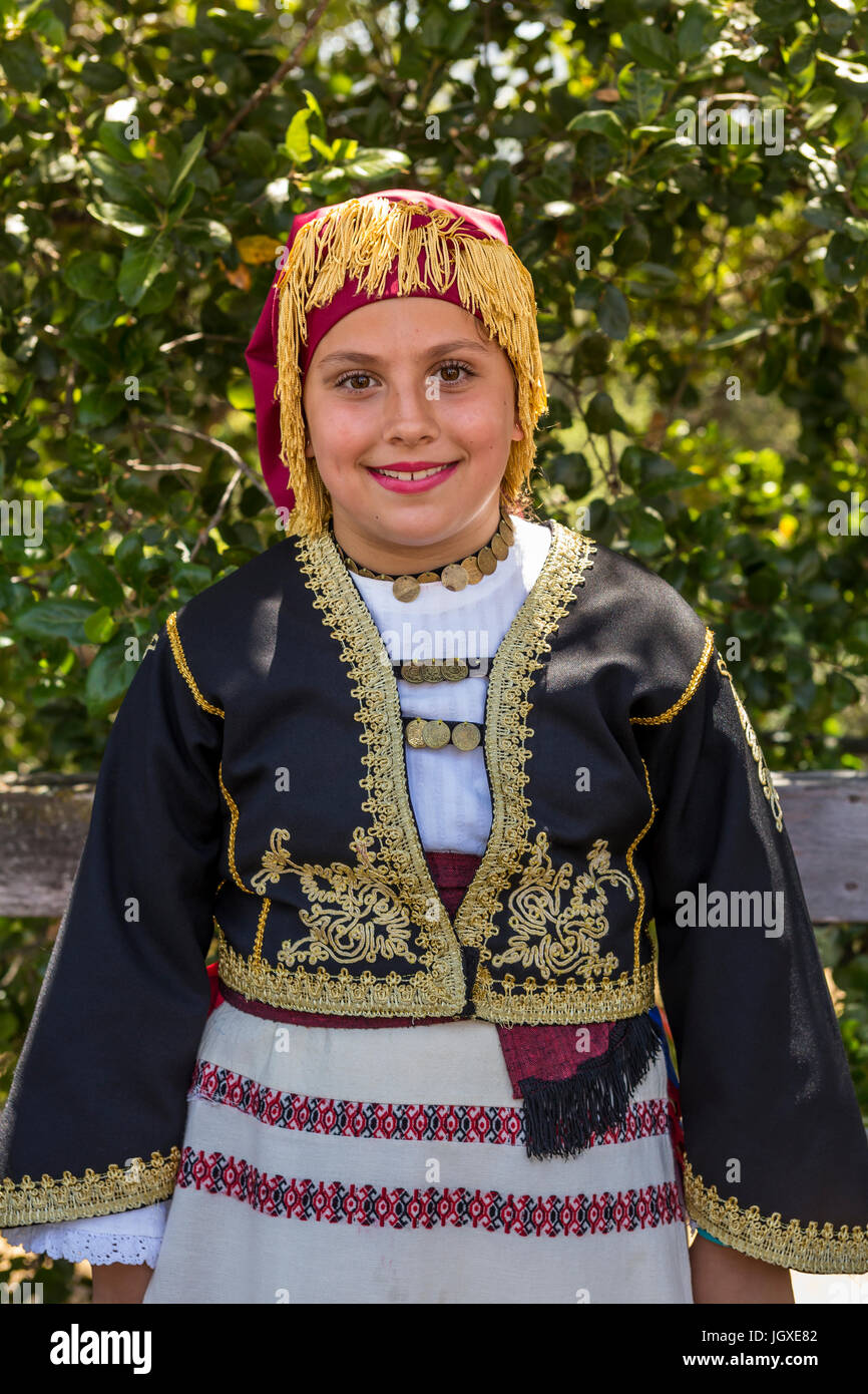 1, one, Greek-American girl, portrait, Greek folk dancer, traditional costume, Marin Greek Festival, city of Novato, Marin County, California Stock Photo