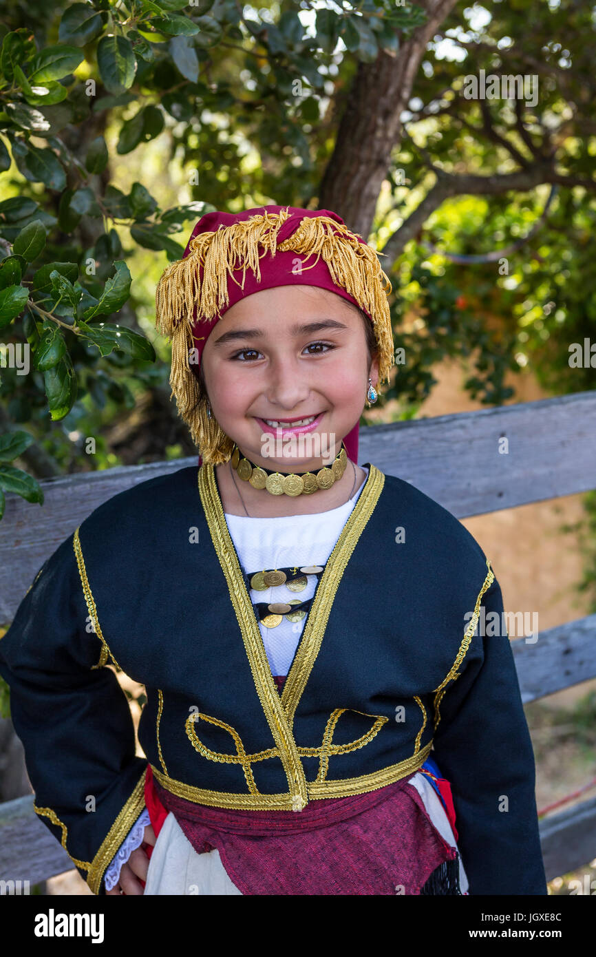 1, one, Greek-American girl, portrait, Greek folk dancer, traditional costume, Marin Greek Festival, city of Novato, Marin County, California Stock Photo