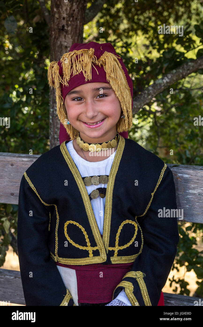 1, one, Greek-American girl, portrait, Greek folk dancer, traditional costume, Marin Greek Festival, city of Novato, Marin County, California Stock Photo