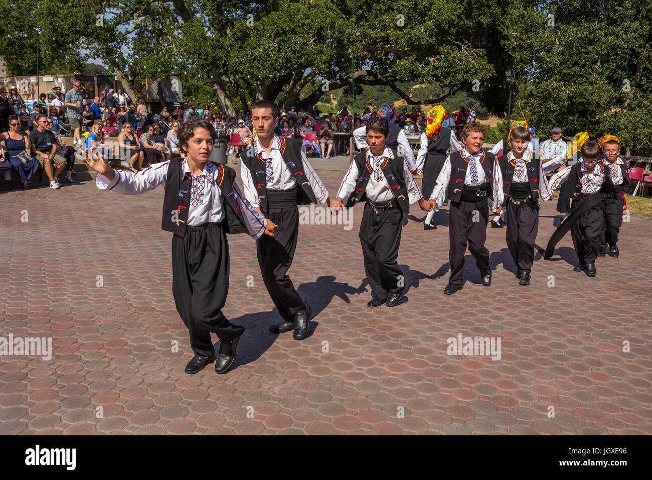 Greek-American boys, Greek folk dancers, dancing, Greek dance, Marin Greek Festival, city of Novato, Marin County, California Stock Photo