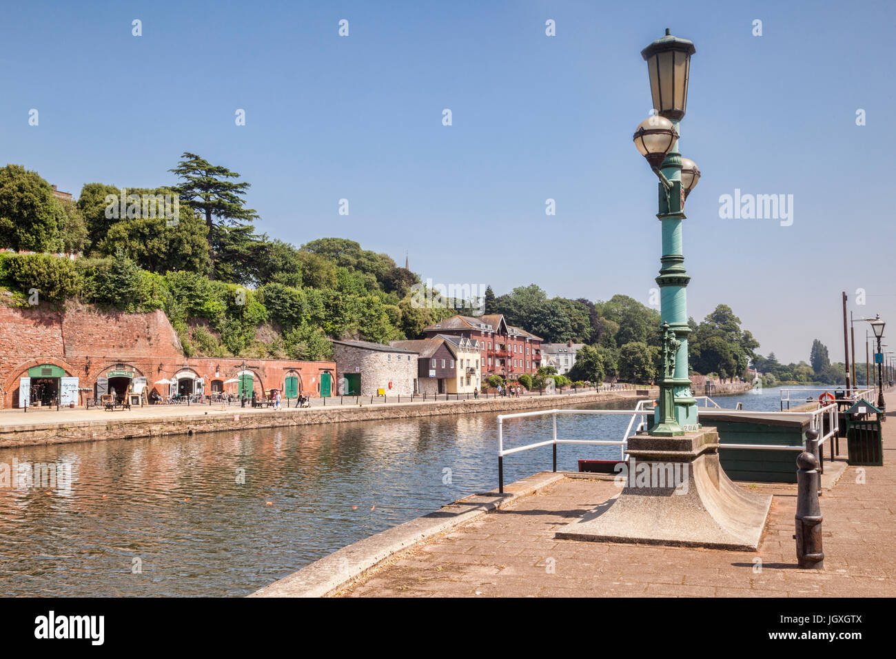 21 June 2017: Exeter, Devon, England, UK - A view along the River Exe to some of the attractions on Exeter Quays. Stock Photo