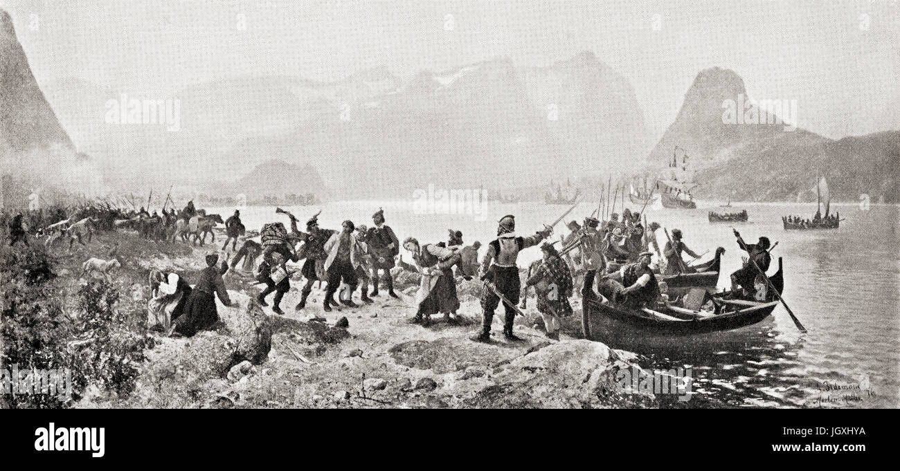 George Sinclair landing with his Scottish mercenary soldiers at Romsdal, Norway in 1612. On their way to join the army of the Swedish king Gustavus Adolphus they were ambushed by Norwegian Peasant militia. The Battle of Kringen followed resulting in victory for the Norwegians.  George Sinclair, c. 1580–1612. Scottish mercenary who fought in the Kalmar War.  From Hutchinson's History of the Nations, published 1915. Stock Photo