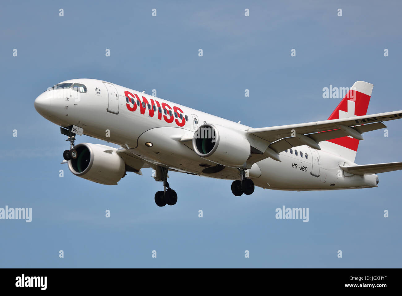 Swiss Bombardier CS100 HB-JBD landing at Heathrow Airport, UK Stock Photo