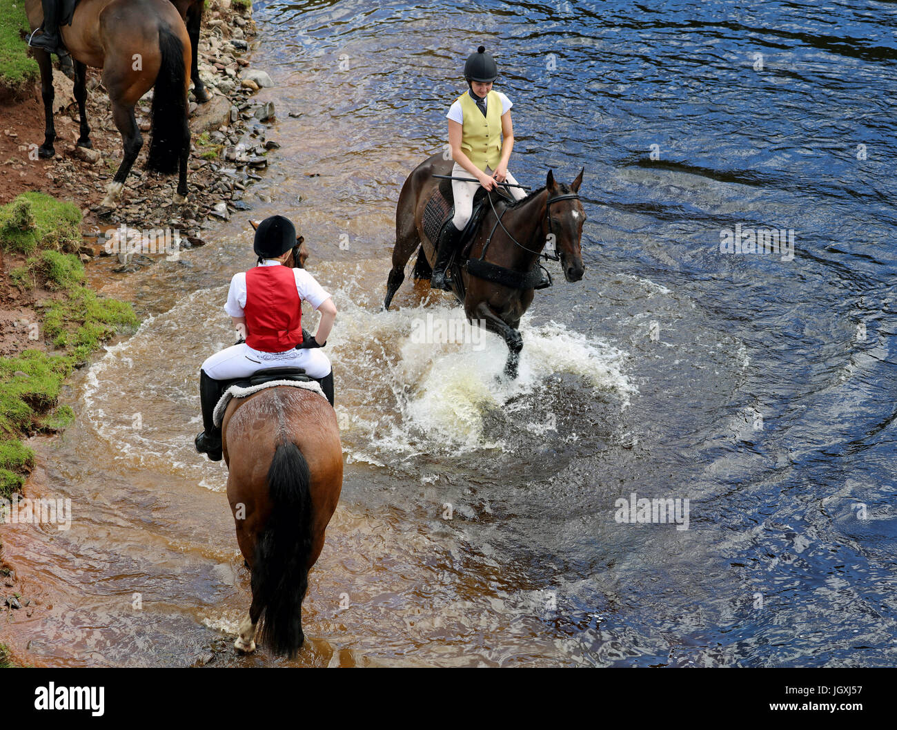 Horse riders having a splash in the Whitadder river Ellemford. Scottish Borders .Scotland. Stock Photo