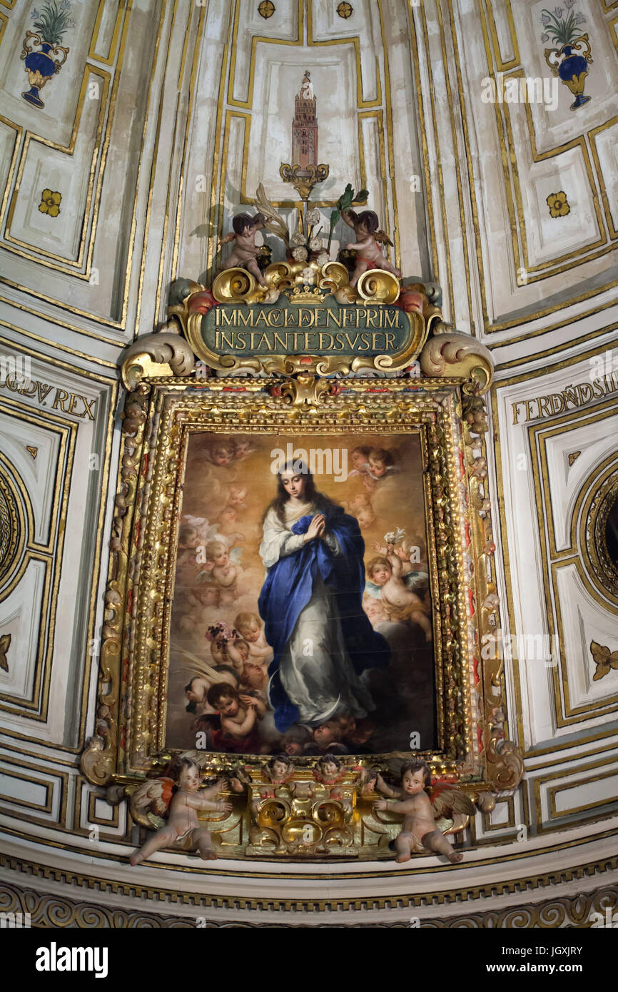 Painting 'Immaculate Conception' by Spanish Baroque painter Bartolomé Esteban Murillo (1667) in the Chapter House (Sala Capitular) of the Seville Cathedral (Catedral de Sevilla) in Seville, Andalusia, Spain. Stock Photo