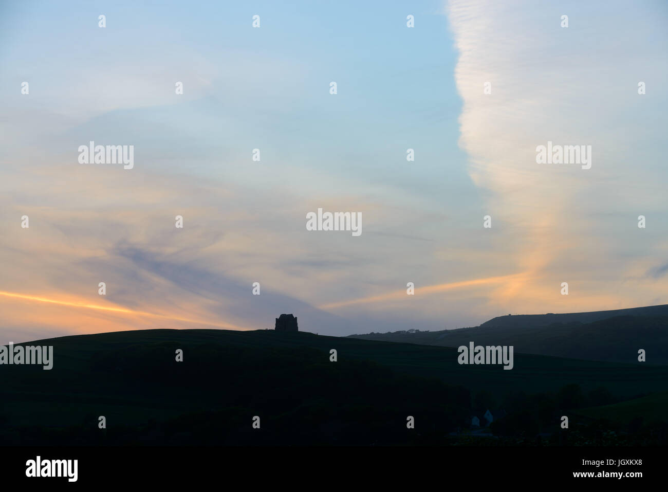 A spring sunset over the historic building of St Catherines Chapel above Abbotsbury, West Dorset, England, UK Stock Photo