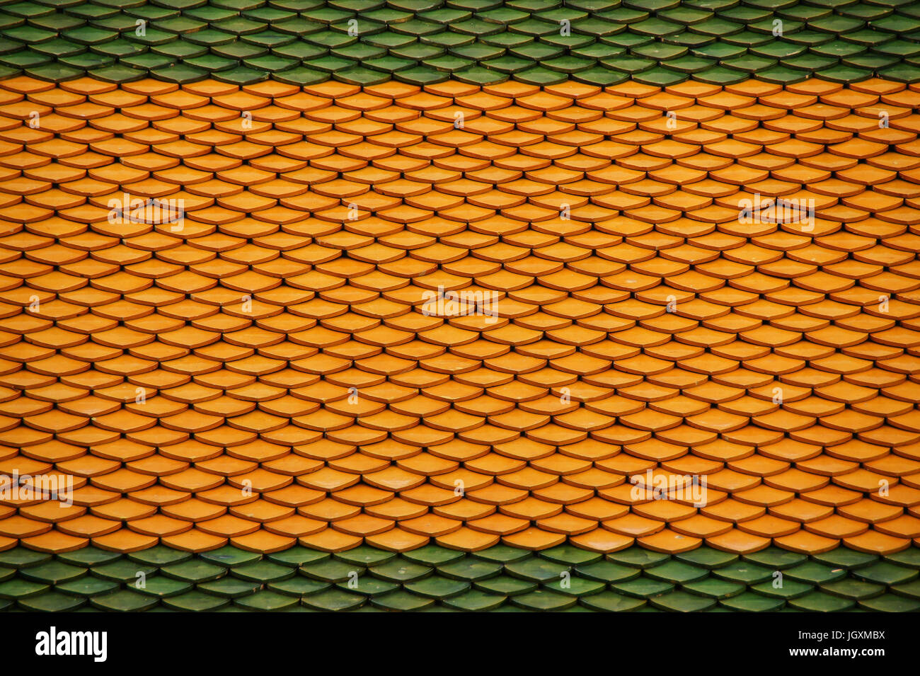 Traditional Thai ceramic tile on rooftop of Buddhish church Stock Photo