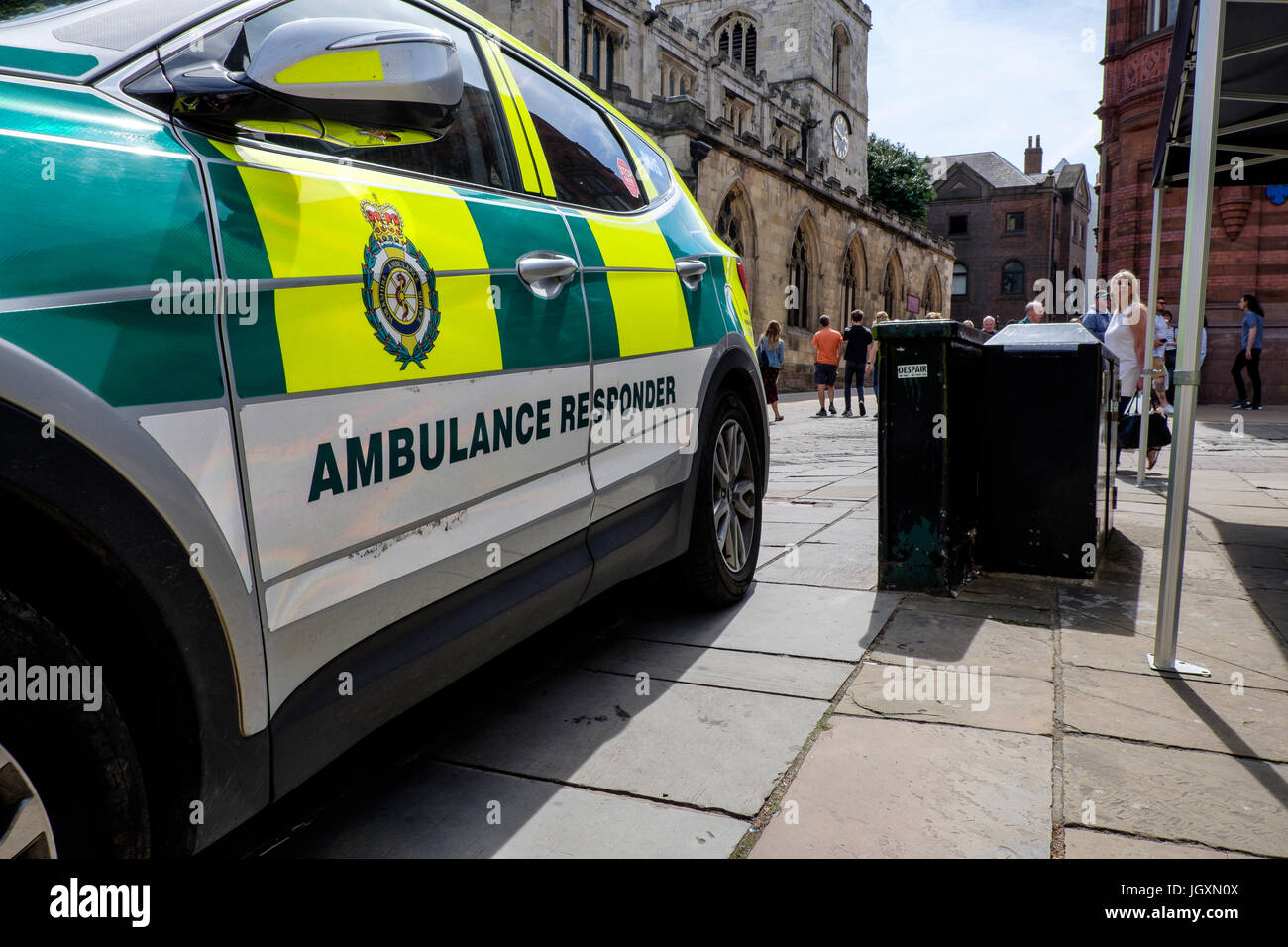 British ambulance first responder parked in the centre center of York, UK. Stock Photo