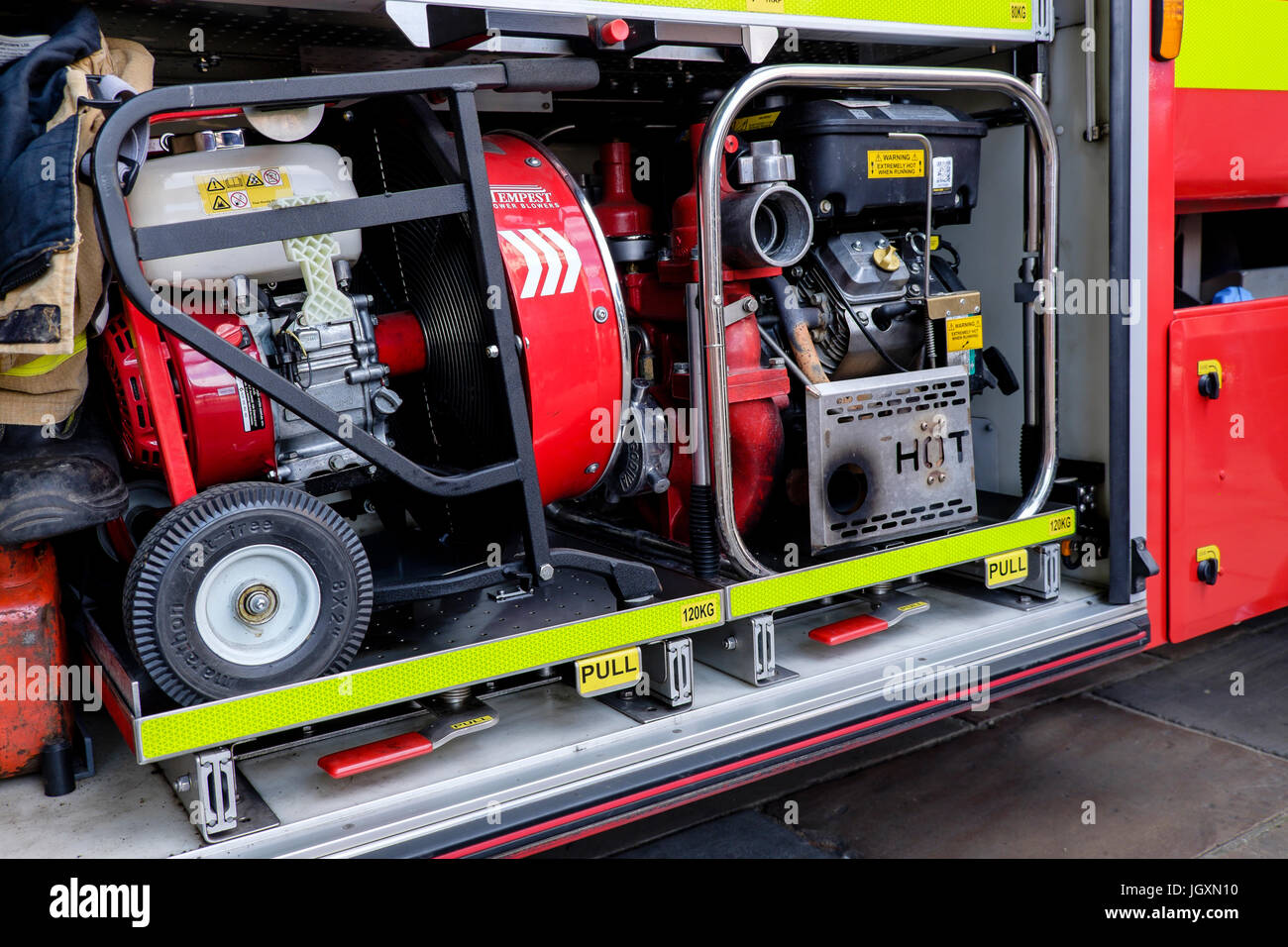 Fire-fighting firefighting and rescue equipment - pumps carried by the Biritsh fire service in fire engines trucks tenders. Stock Photo