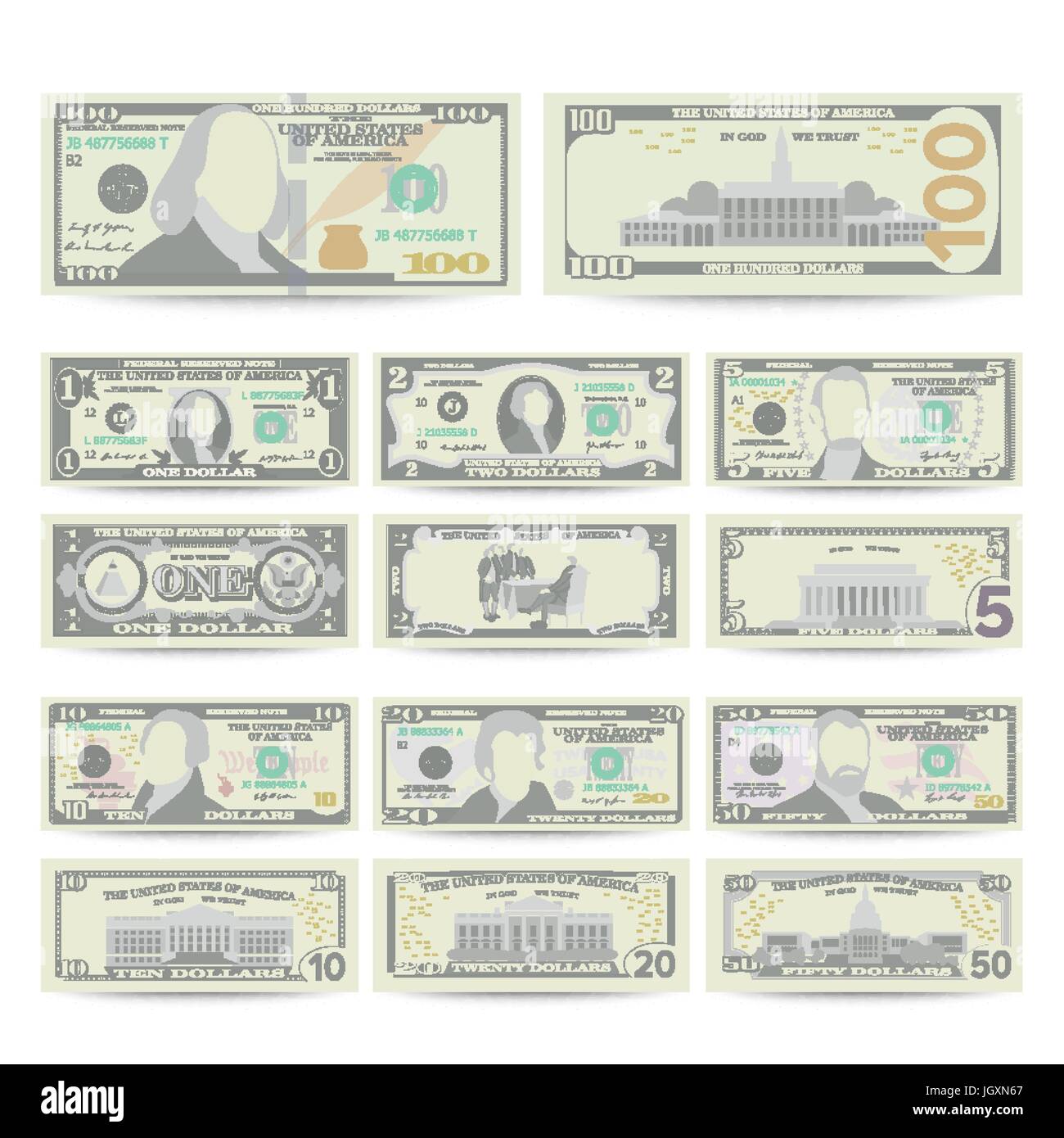 Dollars Banknote Set Vector. Cartoon US Currency. Two Sides Of American Money Bill Isolated Illustration. Cash Dollar Symbol. Every Denomination Of US Currency Note. Stock Vector
