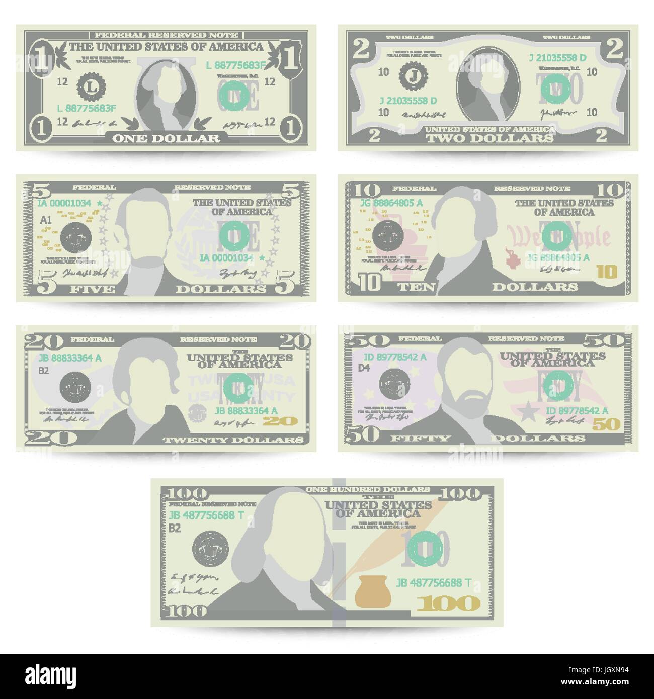 Dollars Banknote Set Vector. Cartoon US Currency. Front Side Of American Money Bill Isolated Illustration. Cash Dollar Symbol. Every Denomination Of US Currency Note. Stock Vector