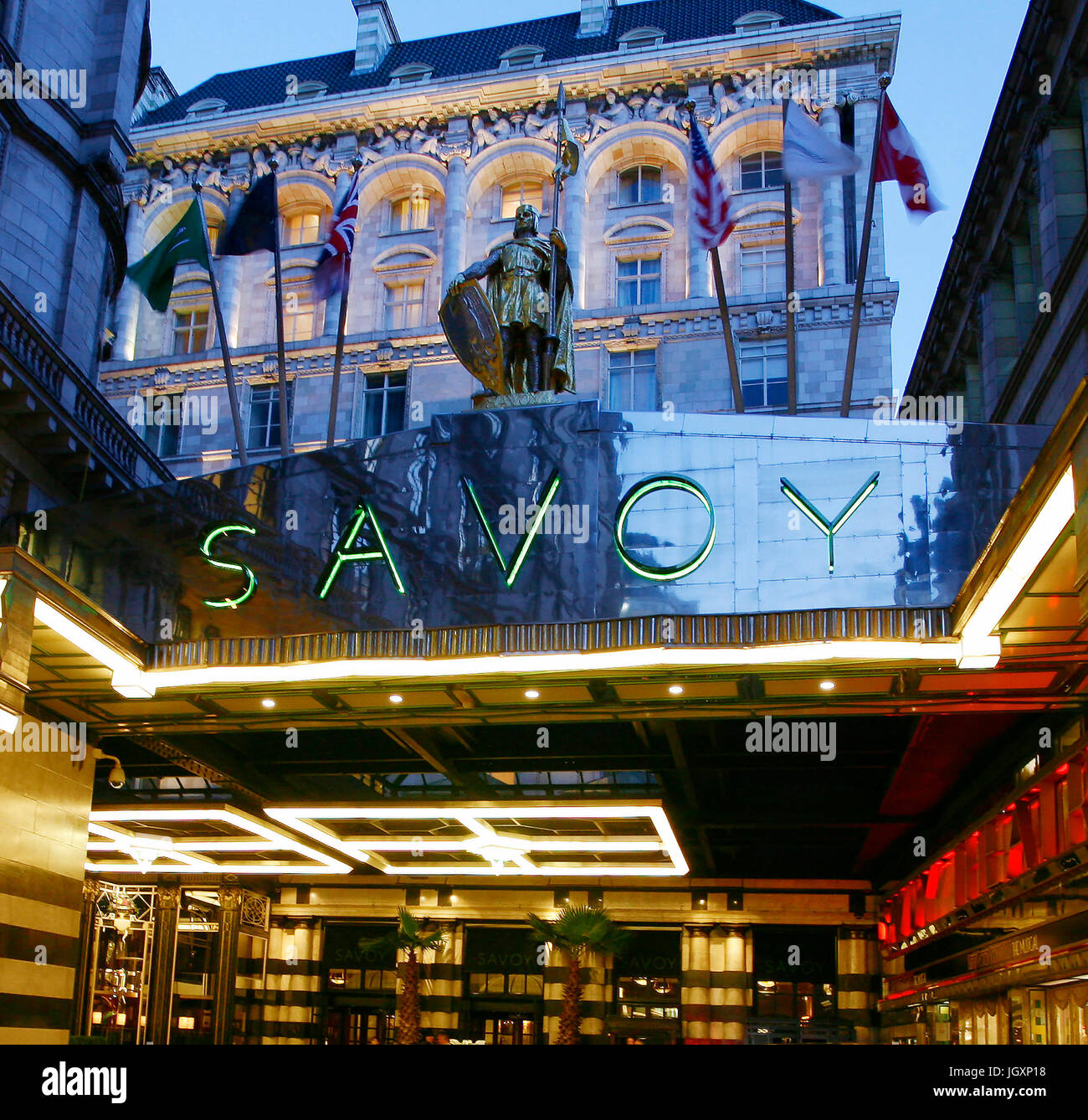 Outside view of Savoy hotel, Britain's first luxury hotel in central London, opened in 1889 and closed in 2007 for renovations reopened in Oct 2010. Stock Photo