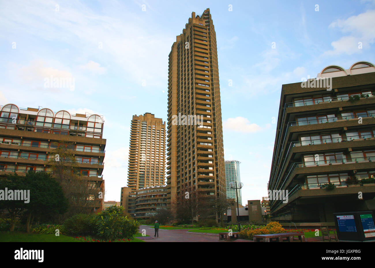 London , UK - February 14, 2011: Outside view of Barbican Center, largest performing arts centre in Europe, designed by Chamberlin, Powell and Bon, op Stock Photo