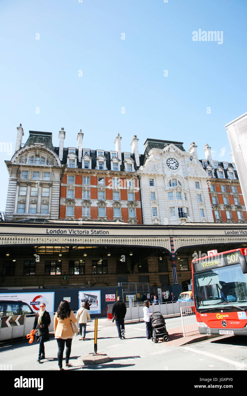 LONDON - APRIL 30 : Outside view of Victoria Station, since 1860, second busiest railway terminus after Waterloo, served 73 million passenger between  Stock Photo